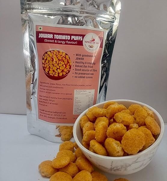 Spice It Up Jowar Tomato Puffs | Healthy Snacks - Roasted, Not Fried | No Palm Oil | No Trans Fat | Gluten Free | No Added Sugar - 100 Grams (Pack of 1)